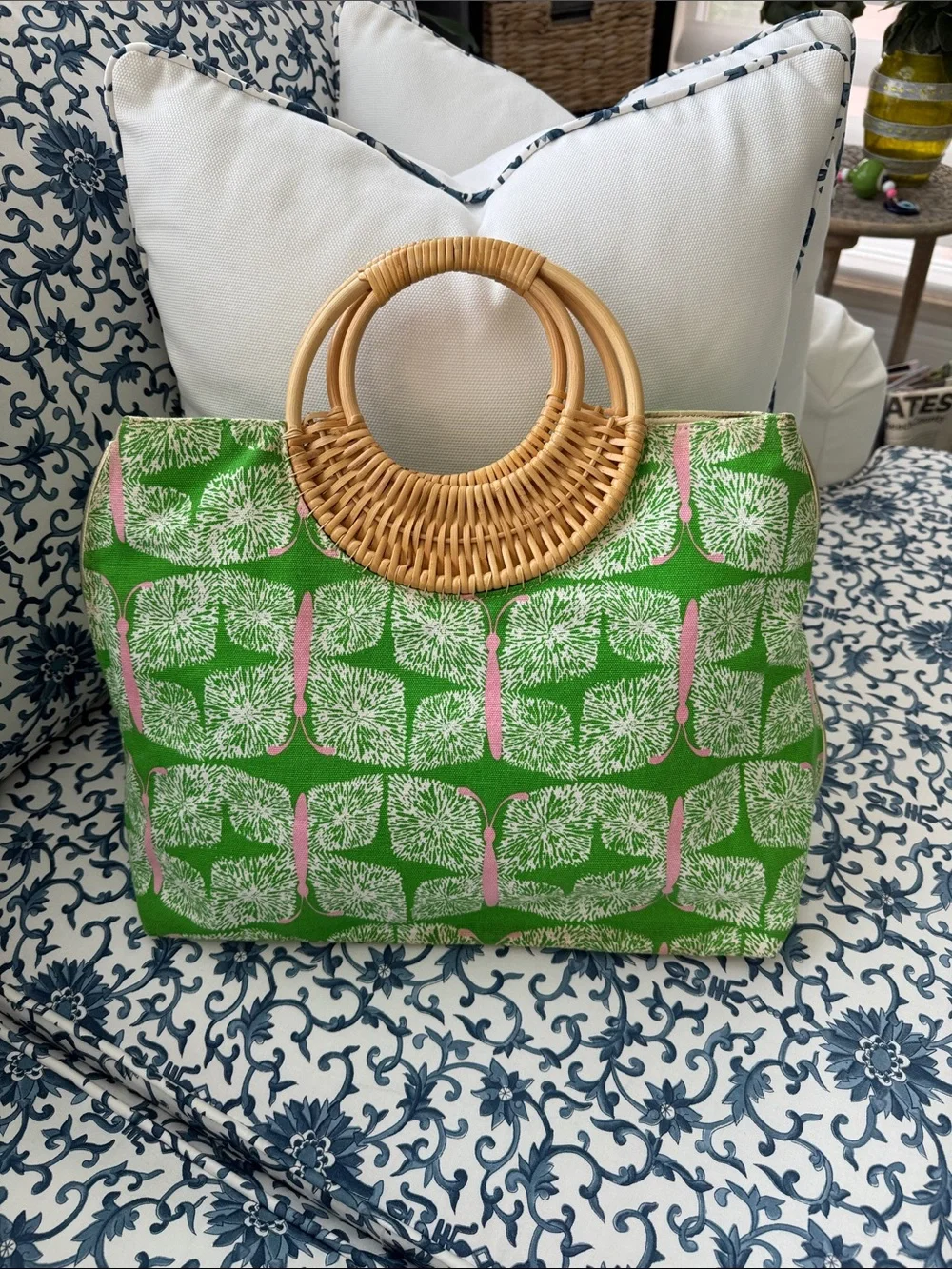 Lilly Pulitzer Green & Pink Patterned Tote with Woven Round Handles - Picture 2 of 5
